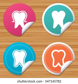 Round stickers or website banners. Tooth enamel protection icons. Dental toothpaste care signs. Healthy teeth sign. Circle badges with bended corner. Vector