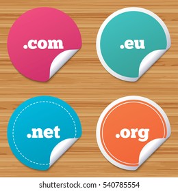 Round stickers or website banners. Top-level internet domain icons. Com, Eu, Net and Org symbols. Unique DNS names. Circle badges with bended corner. Vector