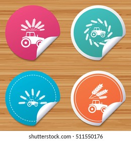 Round stickers or website banners. Tractor icons. Wreath of Wheat corn signs. Agricultural industry transport symbols. Circle badges with bended corner. Vector