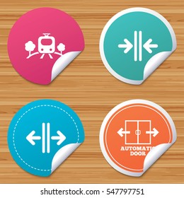 Round stickers or website banners. Train railway icon. Overground transport. Automatic door symbol. Way out arrow sign. Circle badges with bended corner. Vector
