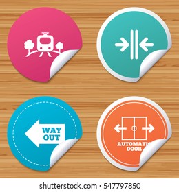 Round stickers or website banners. Train railway icon. Overground transport. Automatic door symbol. Way out arrow sign. Circle badges with bended corner. Vector