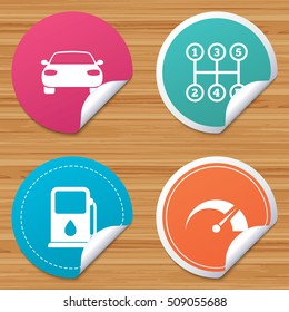 Round stickers or website banners. Transport icons. Car tachometer and manual transmission symbols. Petrol or Gas station sign. Circle badges with bended corner. Vector