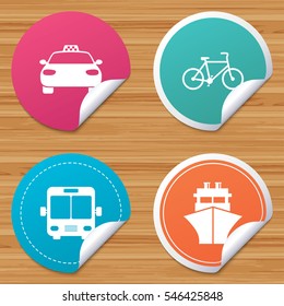 Round stickers or website banners. Transport icons. Taxi car, Bicycle, Public bus and Ship signs. Shipping delivery symbol. Family vehicle sign. Circle badges with bended corner. Vector