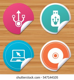 Round stickers or website banners. Usb flash drive icons. Notebook or Laptop pc symbols. CD or DVD sign. Compact disc. Circle badges with bended corner. Vector