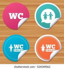 Round stickers or website banners. WC Toilet icons. Gents and ladies room signs. Man and woman speech bubble symbol. Circle badges with bended corner. Vector