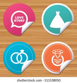 Round stickers or website banners. Wedding dress icon. Bride and groom rings symbol. Wedding or engagement day ring with diamond sign. Will you marry me? Circle badges with bended corner. Vector