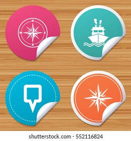 Round stickers or website banners. Windrose navigation compass icons. Shipping delivery sign. Location map pointer symbol. Circle badges with bended corner. Vector
