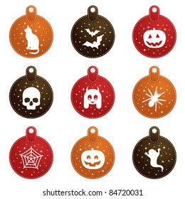 round stitched tags with halloween sparkle motifs isolated on white