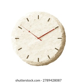 Round stone clock with simple black markers and red second hand front view