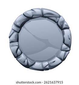 Armações de pedra redondas feitas de pedaços de pedra irregulares, com uma superfície fraturada no meio. Elemento de banner de pedra para jogo e web. Elemento de design de interface do usuário ou interface do usuário. Ilustração de desenho animado vetorial
