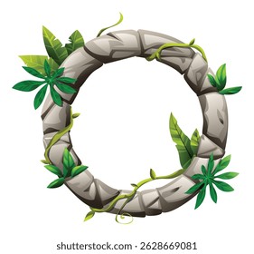 Arco redondo envolto com vinhas e borda de folhagem tropical. Ilustração de desenho animado vetorial