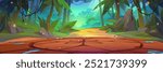 Round stone magic portal or battle arena with neon glowing runes and ancient symbols in rain forest with green trees, liana vines and moss on rocks. Cartoon vector jungle landscape with fantasy altar.