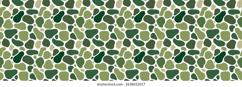 Round stone mosaic pattern. Green shape pebbles on white. Abstract vector seamless background with green and light green rounded elements. For Eco friendly interior, travel, beauty and spa, textile.