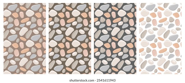 Round stone mosaic pattern. Grey pebbles on different background. Set of abstract vector seamless wallpaper with rounded elements. For interior, travel, beauty and spa, textile design