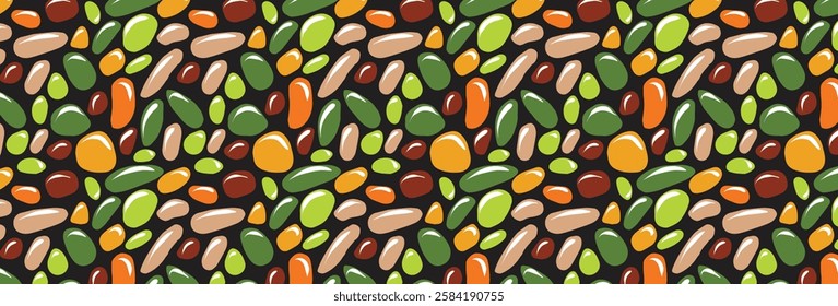 Round stone mosaic pattern. Multicolored pebbles on black. Abstract vector seamless background with green, brown and orange rounded elements. For interior, travel, beauty and spa, textile design