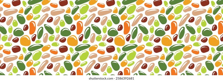Round stone mosaic pattern. Multicolored pebbles on white. Abstract vector seamless background with green, brown and orange rounded elements. For interior, travel, beauty and spa, textile design