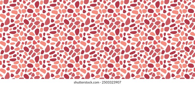 Round stone mosaic pattern. Pink pebbles on white. Abstract vector seamless background with red and pink rounded elements. For interior, travel, beauty and spa, textile design.