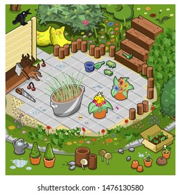 Round stone slab terrace with flower pots in a small garden with gardener's equipment and wooden stairs (vector illustration, isometric style)