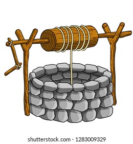 Round stone well for water extraction. Wooden elements of the mechanism with a rope and lever. Old village building. Element of the countryside.