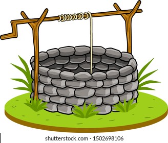 Round stone well for water extraction. Wooden elements of mechanism with rope and lever. Element of the countryside. Old village building. Cartoon drawn illustration