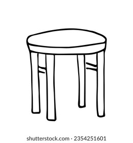 Round stool with legs. Interior item, kitchen furniture. Simple black outline vector drawing. Sketch in ink.