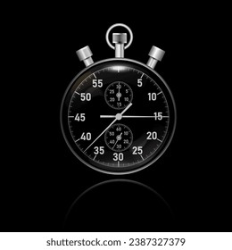 Round stopwatch with chrome rim. Vector illustration on black background