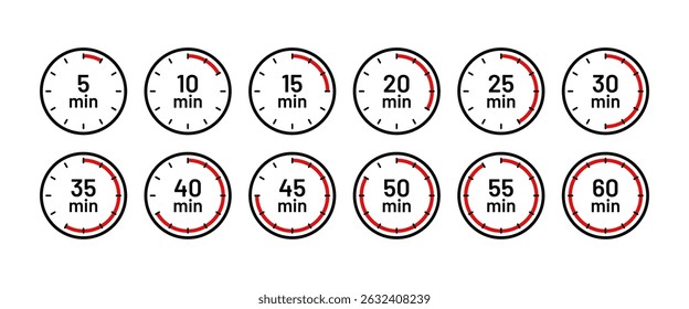 Round stopwatch chronometer deadline. Clocks icon. Timers with different minutes. Countdown timer set. Vector illustration. Flat design. Cooking indicators on white background.