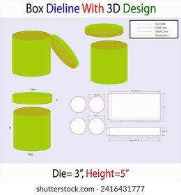 Round Storage Box Die=3, H=5 inch Dieline Template With 3d Design Editable Vector File