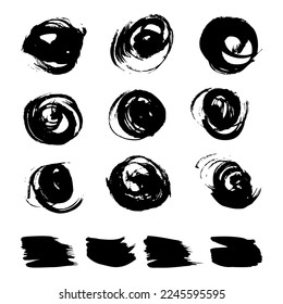 Round and straight textured abstract brushstrokes black isolated on white background