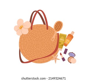 Round straw bag with summer beach essentials. Woven women accessory with contents, cosmetics, suncream, lipstick, hairbrush, powder and flower. Flat vector illustration isolated on white background