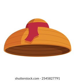 Round straw hat with red ribbon, protecting from sun while adding style