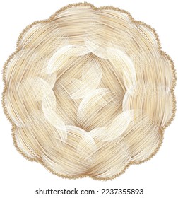 Round straw rug, mat, serviette, carpet with striped intersecting oval elements and rough wavy fringe in beige, brown colors isolated on white