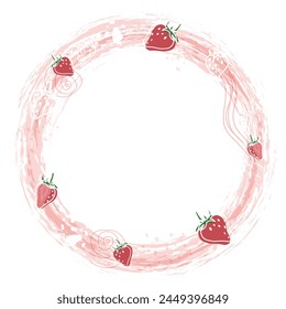Round strawberry frame on abstract pink background. Template for banner, poster, bar, cocktail. Illustration of drink for menu or packaging design. Vector illustration