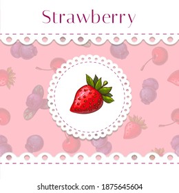 round strawberry label on pink background with scallop border. lacy frame with garden berries vector banner. colorful strawberry jam packaging, logo design element in retro country style. Illustration