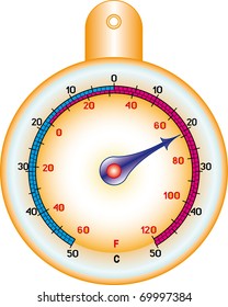 Round street thermometer measuring hot and cold temperature