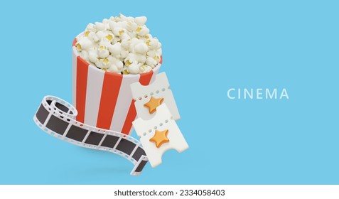 Round striped cup filled with popcorn, film strip, tickets with gold stars. Pleasant leisure. Advertising of cinema, website. Online ticket purchase service