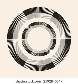 Round striped frame vector object. Black grey segmented circle on beige background. Design element for frame, logo, web pages, prints, posters, template.