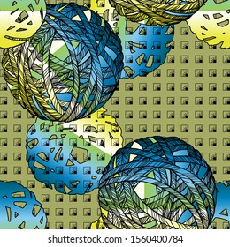 Round striped knot pattern. Rope ball. Winter textile. drawn tangle Sphere or orb skein. Curled black lined, green, blue, yellow texture. Pastel colored globe surface seamless on  olive background. 