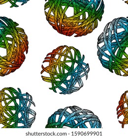 Round striped knot pattern. Rope ball. Sport textile. drawn tangle Sphere or orb skein. Curled black lined rainbow gradient. Neon colored globe surface Gay pride party seamless on white background. 