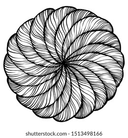 Round striped knot. Rope ball. Ink drawn circle. Vintage hand drawn tangle Sphere or orb skein. Curled black lined globe surface. 