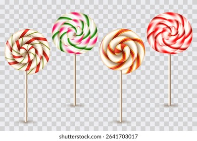 Round striped lollipops set isolated on transparent background. Vector 3d realistic sweet candy illustration. Holiday Christmas, birthday decoration design elements