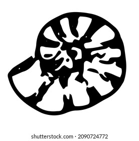 rundes, gestreiftes Muschelsymbol. eine Muschelansicht im Dodle-Stil, runde Spiralform mit Streifen und polierter schwarzer Umriss auf Weiß