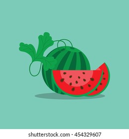 a round striped watermelon slice with seeds, vector illustration