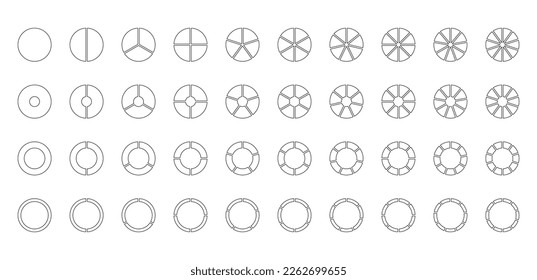 Round structure graph. Circular chart. Pie diagram divided into pieces. Set schemes with sectors. Circle section template in grey color. Piechart with segments and slices. Vector illustration