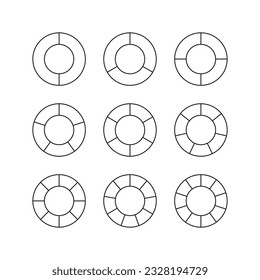 Round structure graph. Set of outline circular chart. Piechart with segments and slices. Pie diagram divided into pieces. Set schemes with sectors. Circle section template. Vector illustration