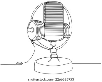 Round studio microphone with headphones in one line on a white background. The concept of audio podcast, stream, studio recording, broadcast radio. Stock vector illustration with editable stroke.
