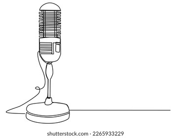 Round studio microphone in one line on a white background. The concept of audio podcast, stream, studio recording, broadcast radio. Stock vector illustration with editable stroke.