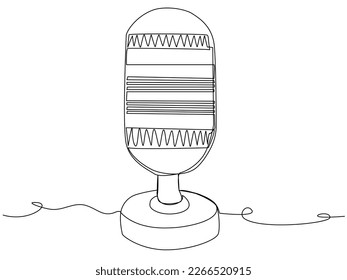 Round studio microphone in one line on a white background. The concept of audio podcast, stream, studio recording, broadcast radio. Stock vector illustration with editable stroke.