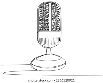 Micrófono de estudio redondo en una línea sobre un fondo blanco. El concepto de podcast de audio, transmisión, grabación de estudio, radio de difusión. Ilustración vectorial de material con trazo modificable.