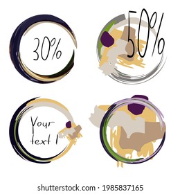 Round sublimation frame. Set, collection. Khaki art spots. To place your entry in the center.Pastel colors. Abstract drawing of rings. Chaotic brush strokes. Picturesque style.Texture chaos.
